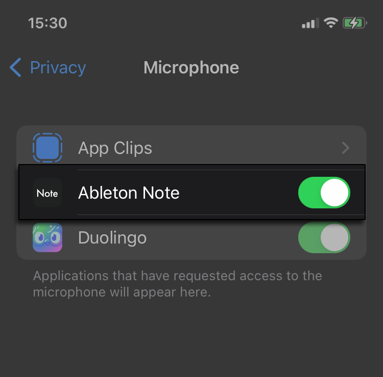 Commutateur iOS d’accès au microphone.